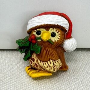Hallmark Cards Inc Owl Christmas Santa Hat Holly Brooch Pin Retro Kitsch